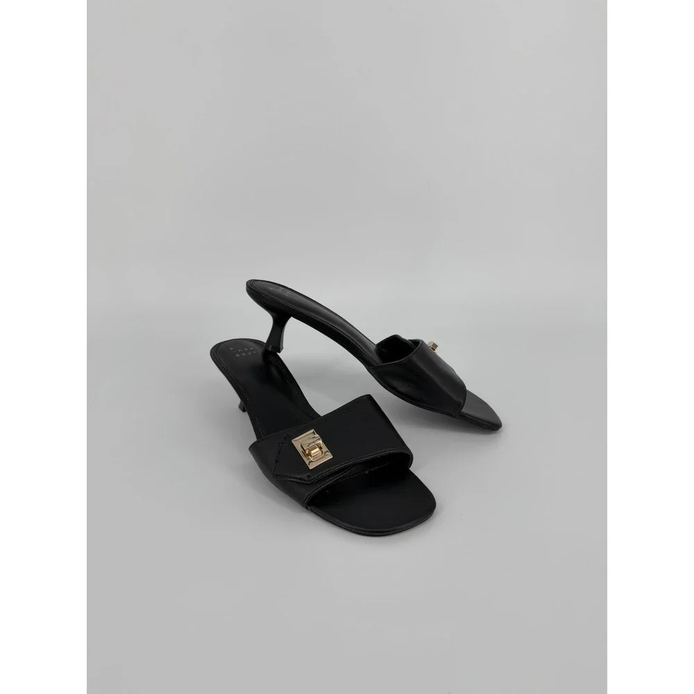 A New Day Womens Black Square Toe Turn Lock Kitten Heel Slide Sandals Size 9.5